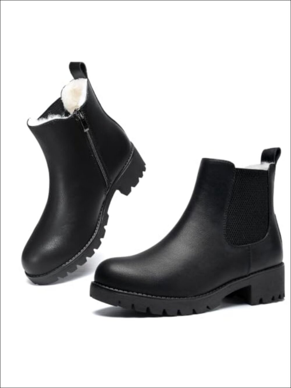 Chelsea Boots Women Fur Lined Chunky Lug Sole Ankle Booties